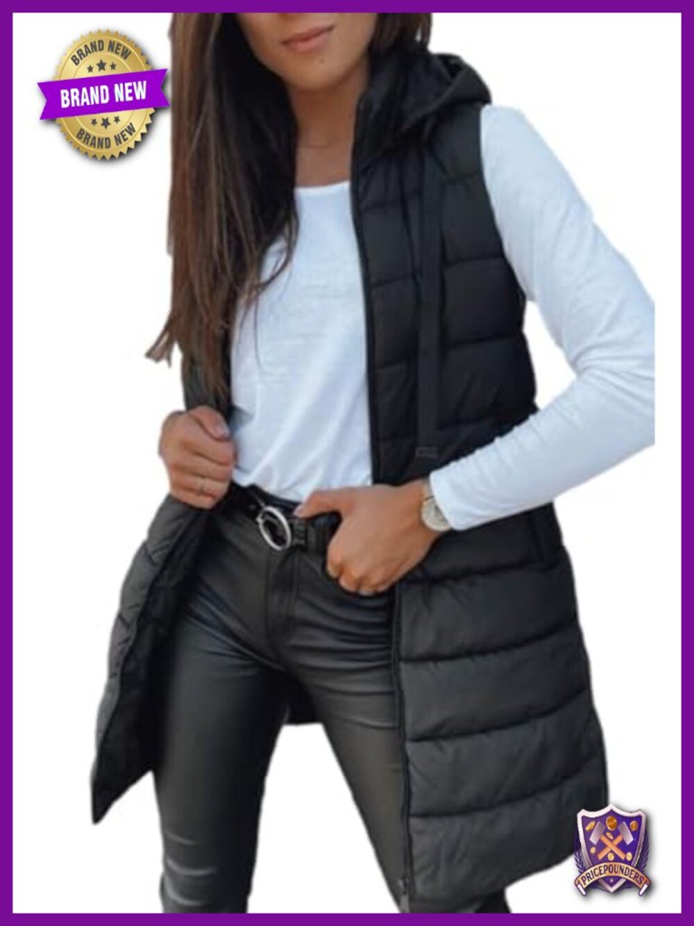 Womens Long Puffer Vest Sleeveless Hooded Winter Outwear